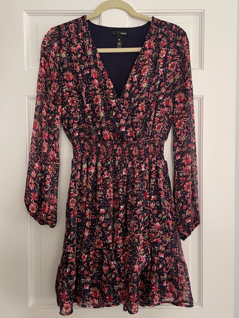 Aqua Black Floral V‑Neck Smocked Waist Dress in Pink & Green Accents